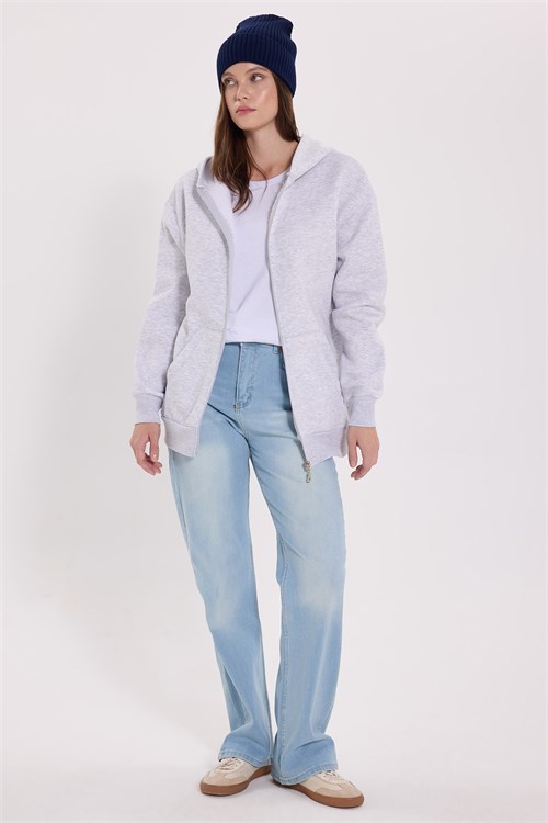 Kadın Oversize Geniş Kesim %100 Pamuk Kapüşonlu Fermuarlı Cepli Gri Sweatshirt