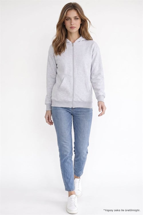 Kadın Oversize Geniş Kesim %100 Pamuk Kapüşonlu Fermuarlı Cepli Gri Sweatshirt
