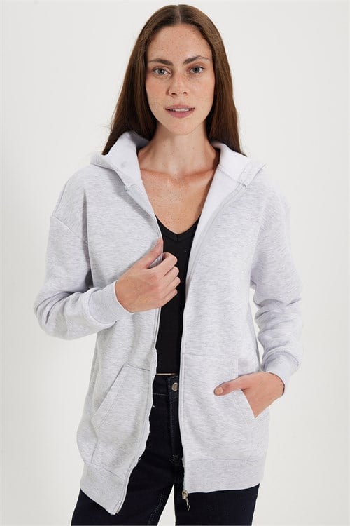 Kadın Oversize Geniş Kesim %100 Pamuk Kapüşonlu Fermuarlı Cepli Gri Sweatshirt