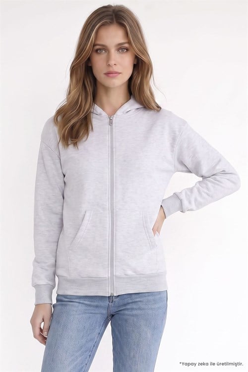 Kadın Oversize Geniş Kesim %100 Pamuk Kapüşonlu Fermuarlı Cepli Gri Sweatshirt