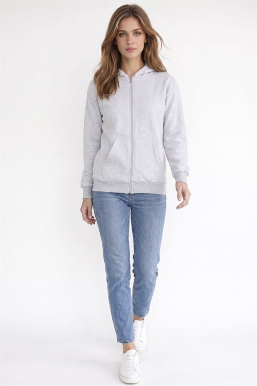 Kadın Oversize Geniş Kesim %100 Pamuk Kapüşonlu Fermuarlı Cepli Gri Sweatshirt