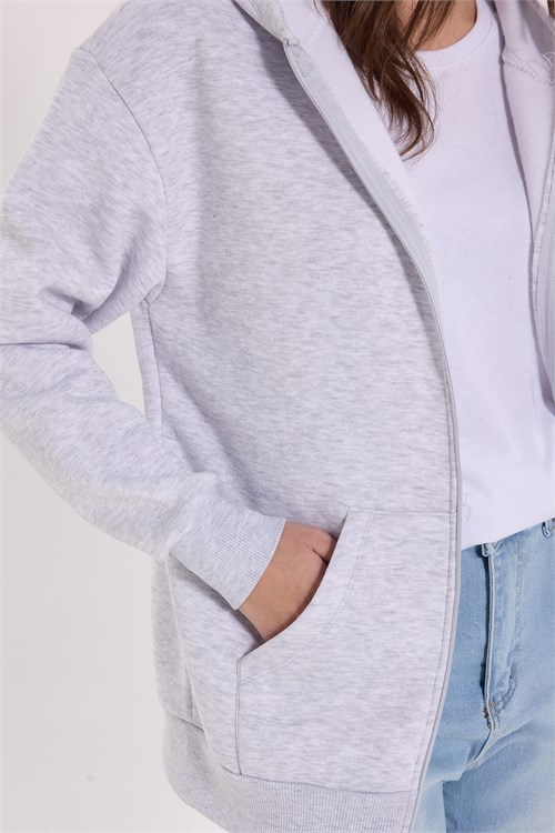 Kadın Oversize Geniş Kesim %100 Pamuk Kapüşonlu Fermuarlı Cepli Gri Sweatshirt