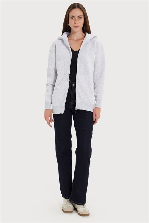 Kadın Oversize Geniş Kesim %100 Pamuk Kapüşonlu Fermuarlı Cepli Gri Sweatshirt