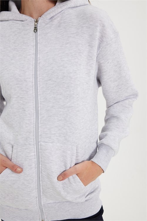 Kadın Oversize Geniş Kesim %100 Pamuk Kapüşonlu Fermuarlı Cepli Gri Sweatshirt
