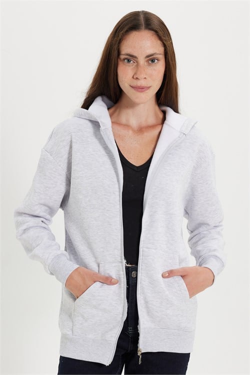 Kadın Oversize Geniş Kesim %100 Pamuk Kapüşonlu Fermuarlı Cepli Gri Sweatshirt