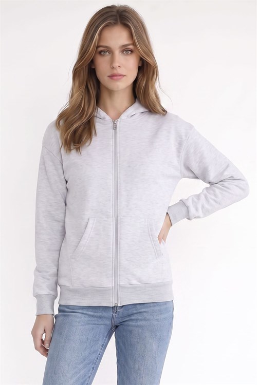 Kadın Oversize Geniş Kesim %100 Pamuk Kapüşonlu Fermuarlı Cepli Gri Sweatshirt