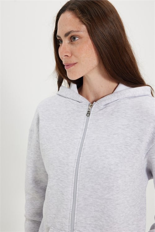 Kadın Oversize Geniş Kesim %100 Pamuk Kapüşonlu Fermuarlı Cepli Gri Sweatshirt