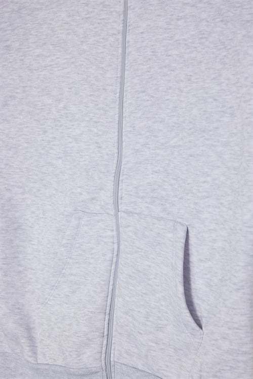Kadın Oversize Geniş Kesim %100 Pamuk Kapüşonlu Fermuarlı Cepli Gri Sweatshirt