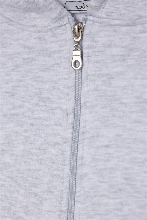 Kadın Oversize Geniş Kesim %100 Pamuk Kapüşonlu Fermuarlı Cepli Gri Sweatshirt
