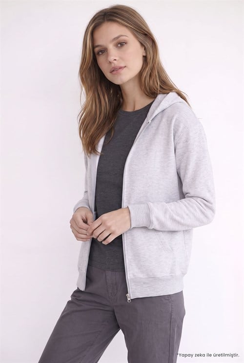Kadın Oversize Geniş Kesim %100 Pamuk Kapüşonlu Fermuarlı Cepli Gri Sweatshirt