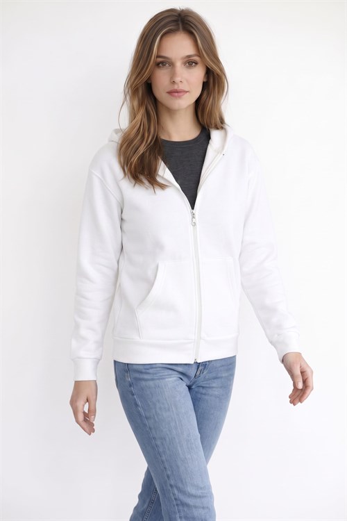 Kadın Oversize Geniş Kesim %100 Pamuk Kapüşonlu Fermuarlı Cepli Ekru Sweatshirt