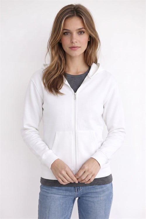 Kadın Oversize Geniş Kesim %100 Pamuk Kapüşonlu Fermuarlı Cepli Ekru Sweatshirt
