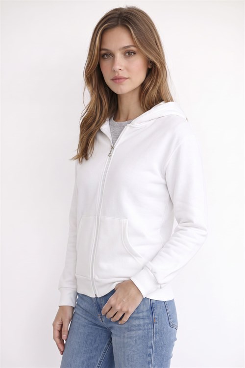 Kadın Oversize Geniş Kesim %100 Pamuk Kapüşonlu Fermuarlı Cepli Ekru Sweatshirt