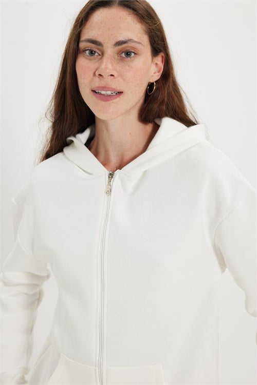 Kadın Oversize Geniş Kesim %100 Pamuk Kapüşonlu Fermuarlı Cepli Ekru Sweatshirt