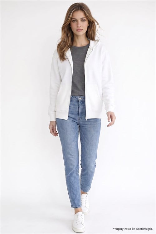 Kadın Oversize Geniş Kesim %100 Pamuk Kapüşonlu Fermuarlı Cepli Ekru Sweatshirt
