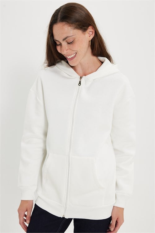 Kadın Oversize Geniş Kesim %100 Pamuk Kapüşonlu Fermuarlı Cepli Ekru Sweatshirt