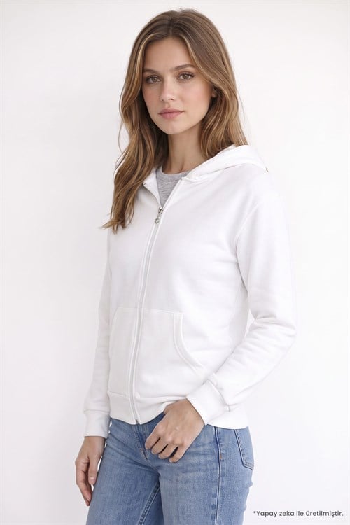 Kadın Oversize Geniş Kesim %100 Pamuk Kapüşonlu Fermuarlı Cepli Ekru Sweatshirt