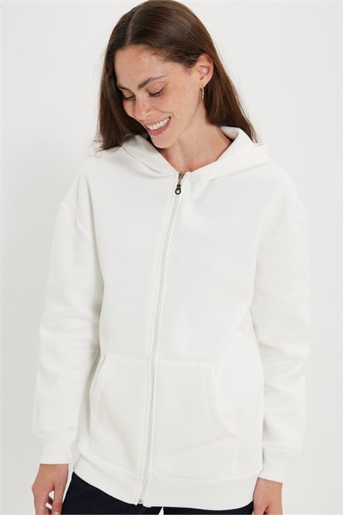 Kadın Oversize Geniş Kesim %100 Pamuk Kapüşonlu Fermuarlı Cepli Ekru Sweatshirt