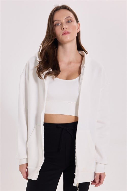 Kadın Oversize Geniş Kesim %100 Pamuk Kapüşonlu Fermuarlı Cepli Ekru Sweatshirt