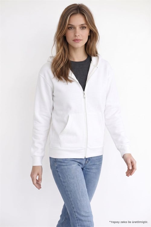 Kadın Oversize Geniş Kesim %100 Pamuk Kapüşonlu Fermuarlı Cepli Ekru Sweatshirt