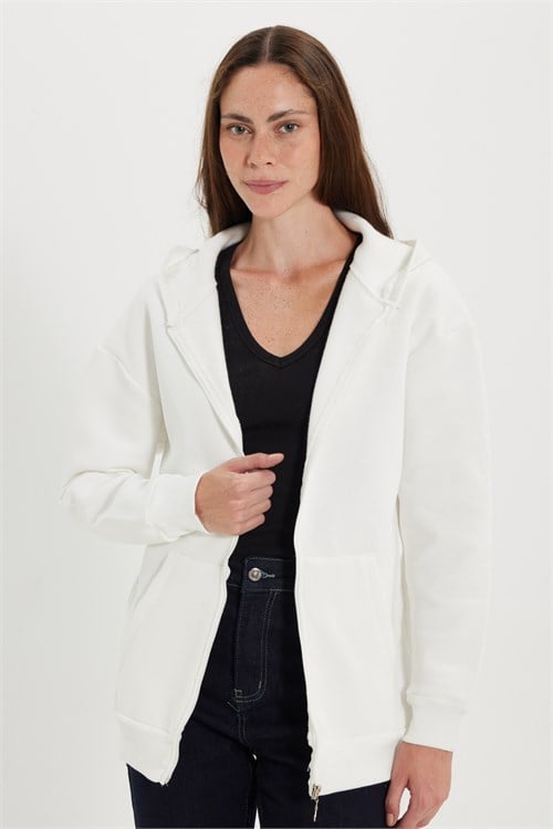 Kadın Oversize Geniş Kesim %100 Pamuk Kapüşonlu Fermuarlı Cepli Ekru Sweatshirt