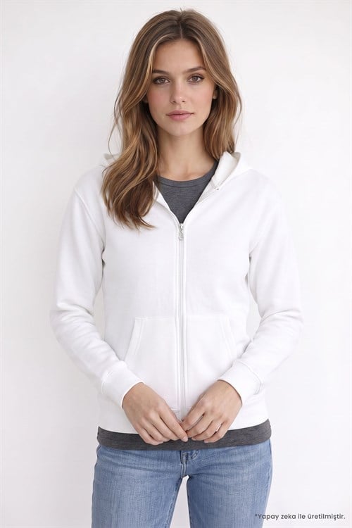 Kadın Oversize Geniş Kesim %100 Pamuk Kapüşonlu Fermuarlı Cepli Ekru Sweatshirt