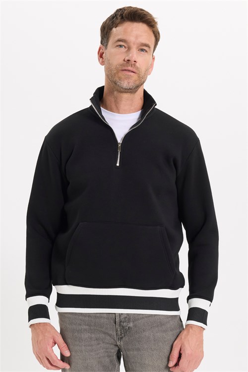 Erkek Relax Fit Rahat Kesim Pamuklu Dik Yaka Yarım Fermuarlı Ribanalı Kanguru Cepli Siyah Sweatshirt