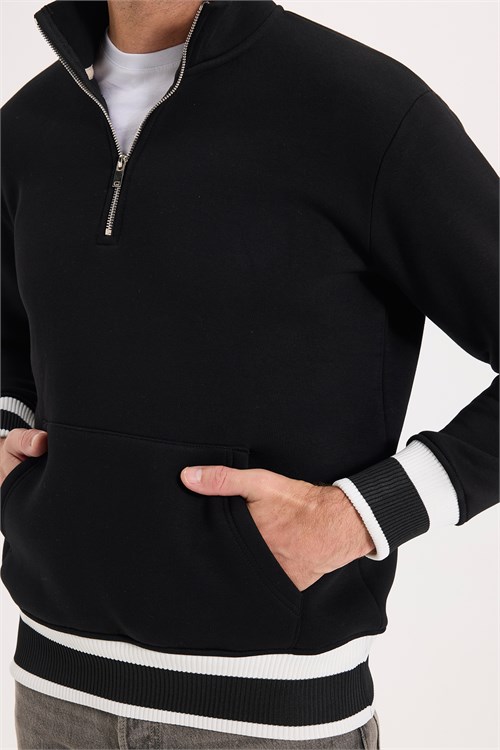 Erkek Relax Fit Rahat Kesim Pamuklu Dik Yaka Yarım Fermuarlı Ribanalı Kanguru Cepli Siyah Sweatshirt