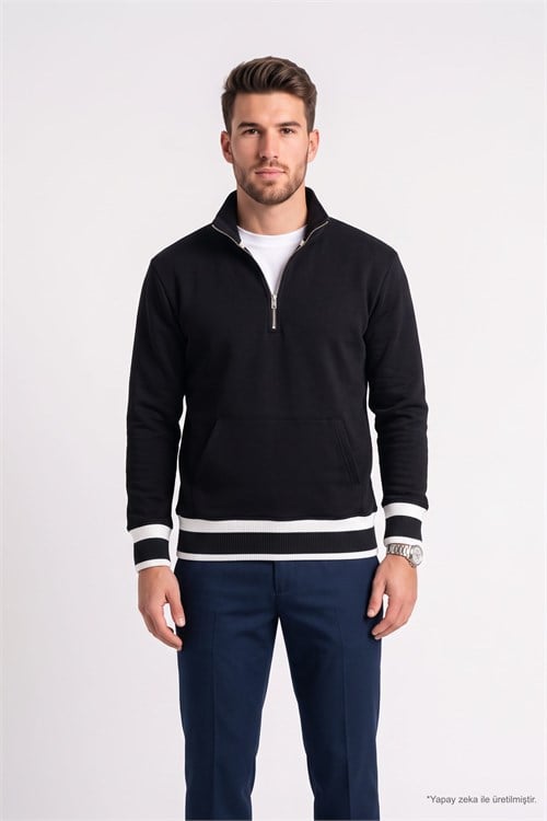 Erkek Relax Fit Rahat Kesim Pamuklu Dik Yaka Yarım Fermuarlı Ribanalı Kanguru Cepli Siyah Sweatshirt