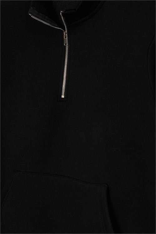 Erkek Relax Fit Rahat Kesim Pamuklu Dik Yaka Yarım Fermuarlı Ribanalı Kanguru Cepli Siyah Sweatshirt