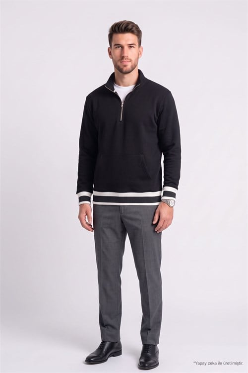 Erkek Relax Fit Rahat Kesim Pamuklu Dik Yaka Yarım Fermuarlı Ribanalı Kanguru Cepli Siyah Sweatshirt