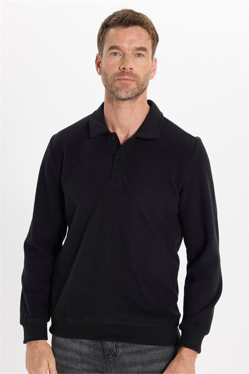 Erkek Regular Fit Klasik Kesim Uzun Kollu Selanik Kumaş Siyah Polo Yaka Sweatshirt