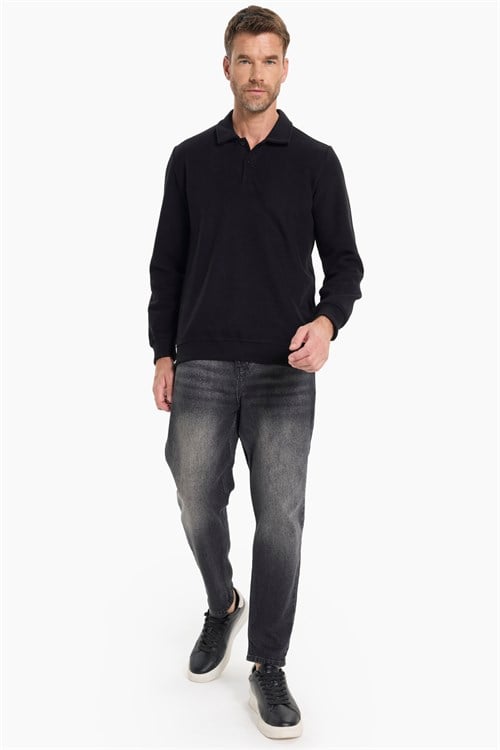 Erkek Regular Fit Klasik Kesim Uzun Kollu Selanik Kumaş Siyah Polo Yaka Sweatshirt
