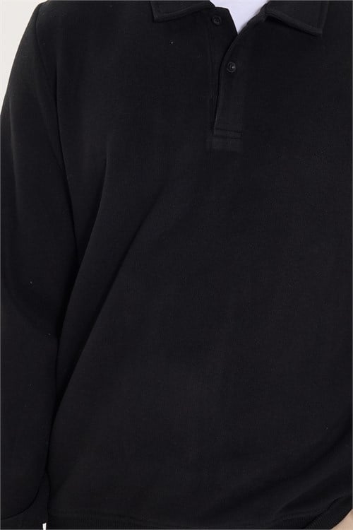 Erkek Regular Fit Klasik Kesim Uzun Kollu Selanik Kumaş Siyah Polo Yaka Sweatshirt