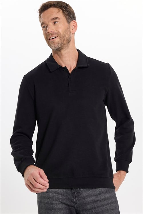 Erkek Regular Fit Klasik Kesim Uzun Kollu Selanik Kumaş Siyah Polo Yaka Sweatshirt