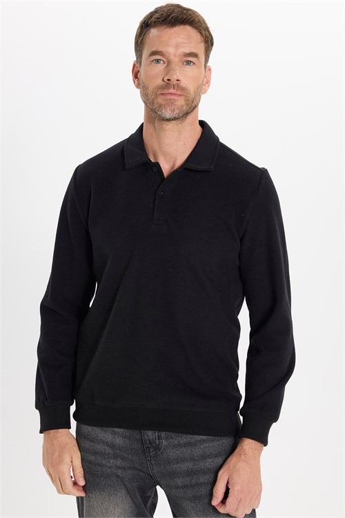 Erkek Regular Fit Klasik Kesim Uzun Kollu Siyah Polo Yaka Sweatshirt