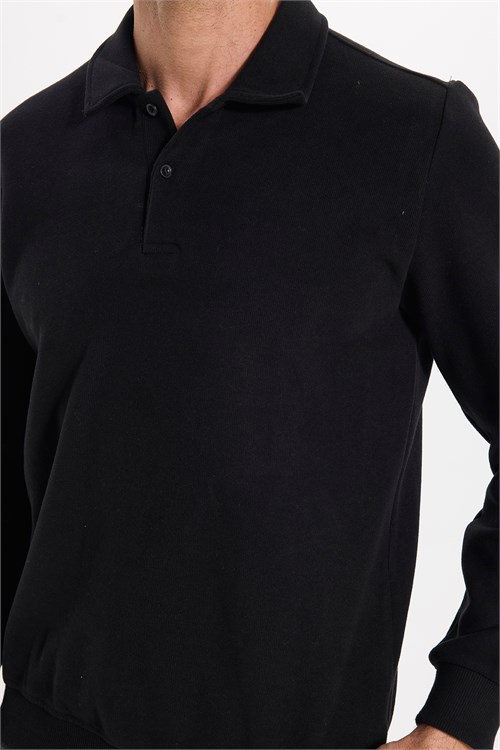 Erkek Regular Fit Klasik Kesim Uzun Kollu Siyah Polo Yaka Sweatshirt
