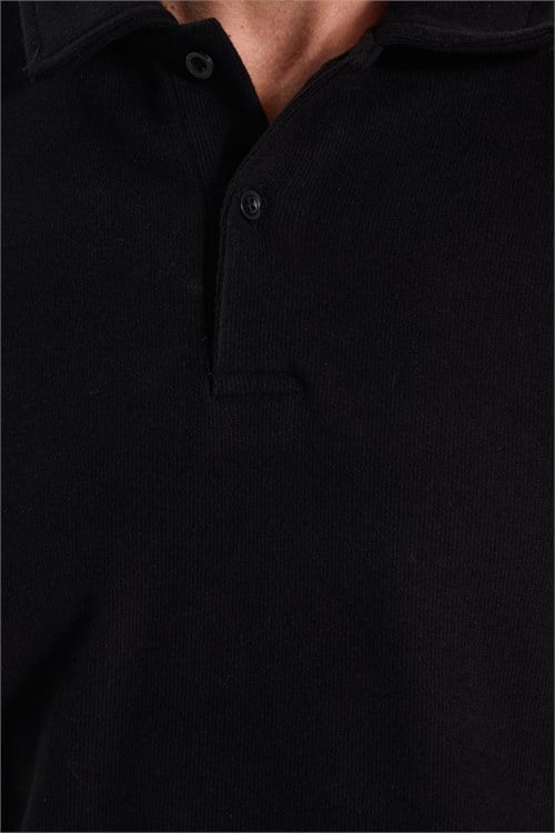 Erkek Regular Fit Klasik Kesim Uzun Kollu Selanik Kumaş Siyah Polo Yaka Sweatshirt