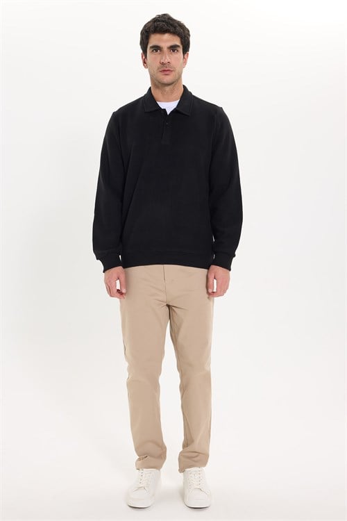 Erkek Regular Fit Klasik Kesim Uzun Kollu Selanik Kumaş Siyah Polo Yaka Sweatshirt