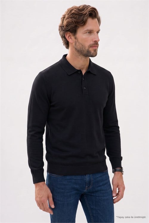 Erkek Regular Fit Klasik Kesim Uzun Kollu Siyah Polo Yaka Sweatshirt
