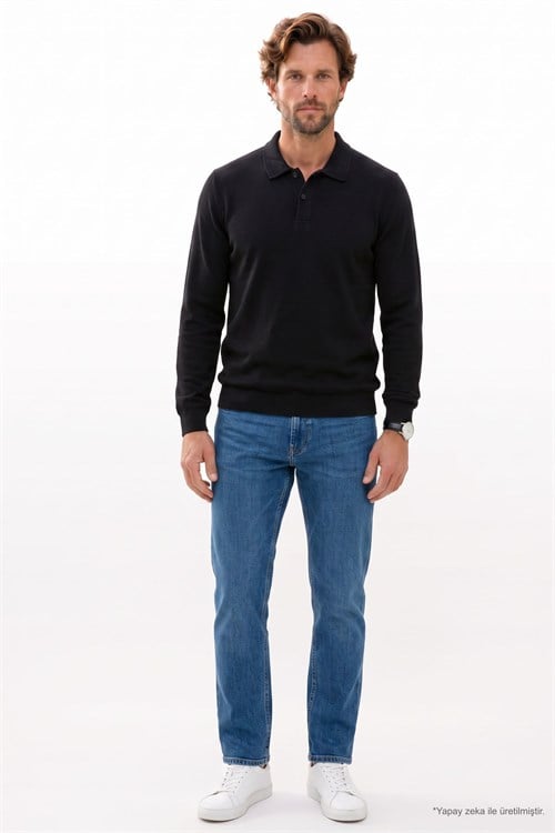 Erkek Regular Fit Klasik Kesim Uzun Kollu Siyah Polo Yaka Sweatshirt