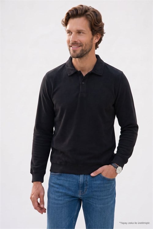 Erkek Regular Fit Klasik Kesim Uzun Kollu Siyah Polo Yaka Sweatshirt