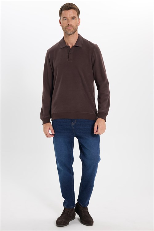 Erkek Regular Fit Klasik Kesim Uzun Kollu Kahverengi Polo Yaka Sweatshirt