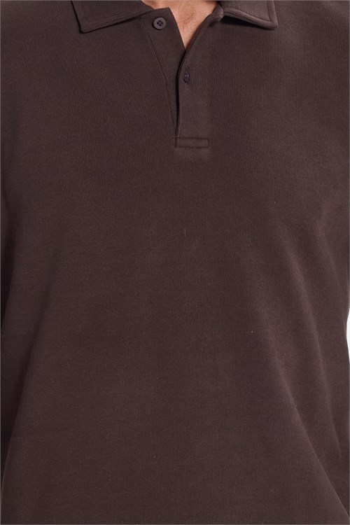 Erkek Regular Fit Klasik Kesim Uzun Kollu Kahverengi Polo Yaka Sweatshirt