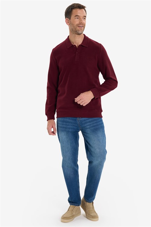 Erkek Regular Fit Klasik Kesim Uzun Kollu Selanik Kumaş Bordo Polo Yaka Sweatshirt
