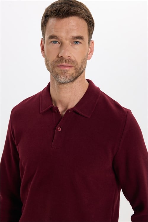 Erkek Regular Fit Klasik Kesim Uzun Kollu Bordo Polo Yaka Sweatshirt
