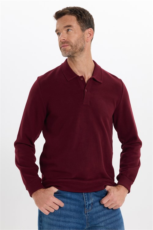 Erkek Regular Fit Klasik Kesim Uzun Kollu Selanik Kumaş Bordo Polo Yaka Sweatshirt