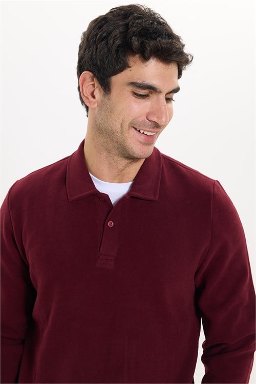 Erkek Regular Fit Klasik Kesim Uzun Kollu Selanik Kumaş Bordo Polo Yaka Sweatshirt