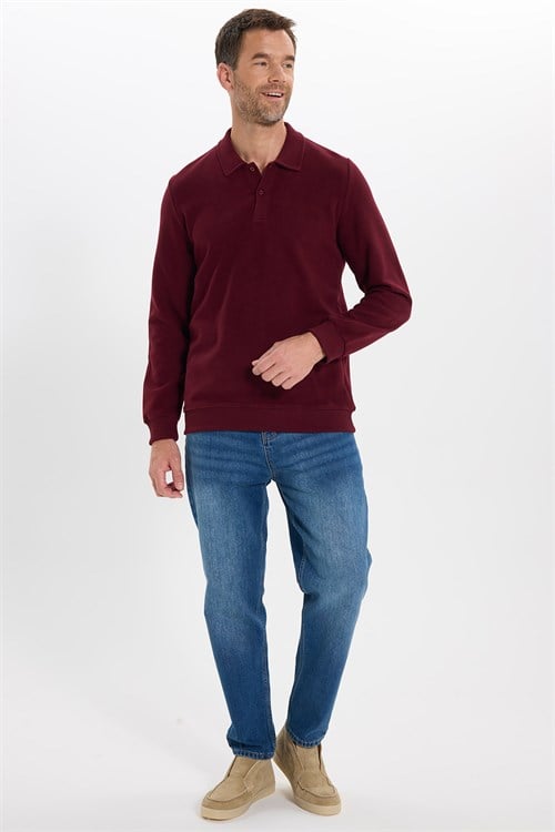 Erkek Regular Fit Klasik Kesim Uzun Kollu Bordo Polo Yaka Sweatshirt