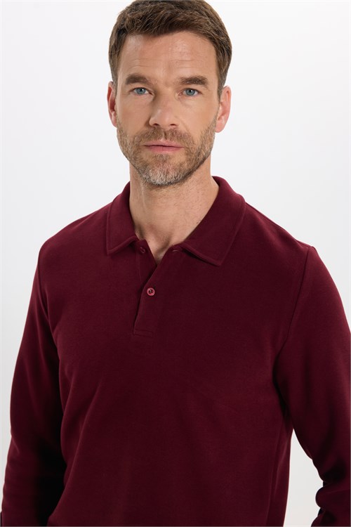 Erkek Regular Fit Klasik Kesim Uzun Kollu Selanik Kumaş Bordo Polo Yaka Sweatshirt